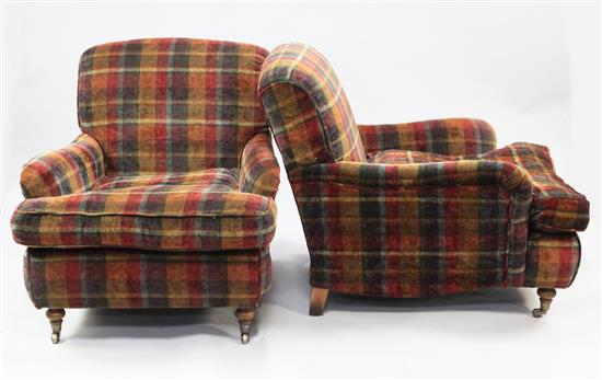 Pair Victorian style tartan upholstered lounge armchairs